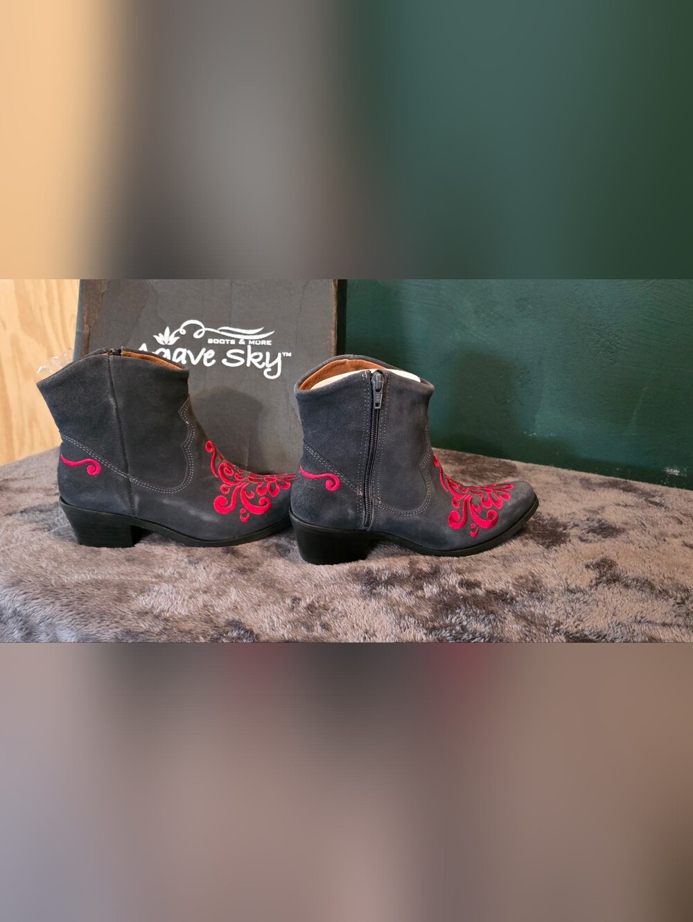 Black Suede Ankle Booties with Red Embroidered Detail - Picture 2 of 4
